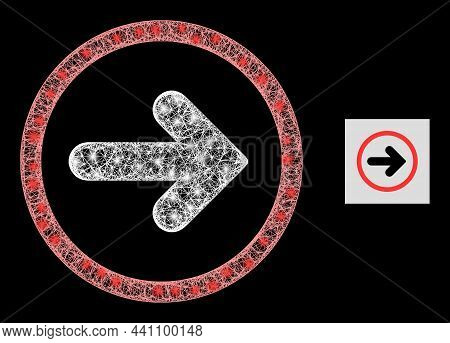 Flare Net Mesh Right Pointer Icon With Light Spots On A Black Background. Bright Vector Mesh Based O