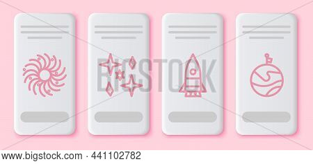 Set Line Black Hole, Planet, Rocket Ship And Moon With Flag. White Rectangle Button. Vector