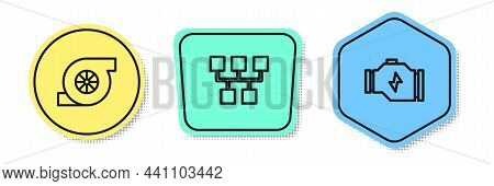 Set Line Automotive Turbocharger, Gear Shifter And Check Engine. Colored Shapes. Vector