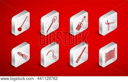 Set Line Garden Fence, Shovel, Fork, Gardening Handmade Scissor, Rake Leaves, Sickle And Icon. Vecto