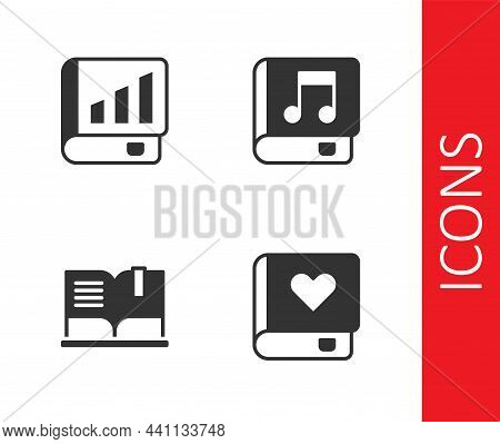 Set Romance Book, Financial, Open And Audio Icon. Vector