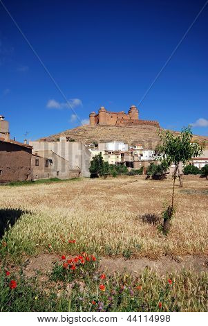 Landbrugsjord fører til slottet, La Calahorra, Spanien.