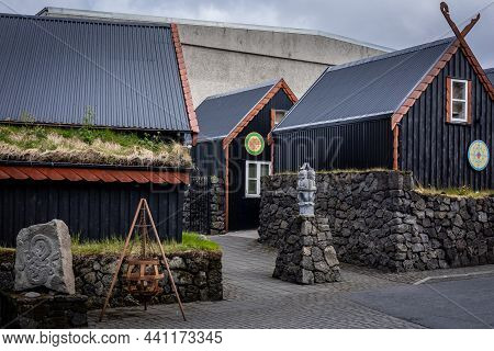 Hafnarfjordur, Iceland - July 17, 2021: Wooden Cabins At The Viking Hotel In Hafnarfjordur Town. Tra