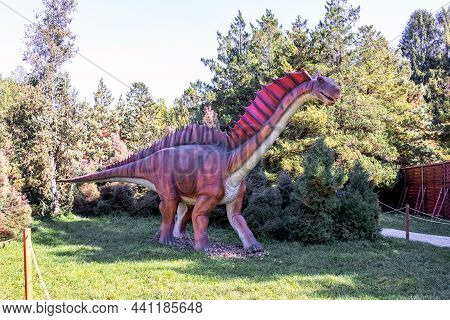 Ukraine, Khmelnitsky, October 2021. Dinosaur Model In The Park. Giant  Amargasaurus At An Exhibition