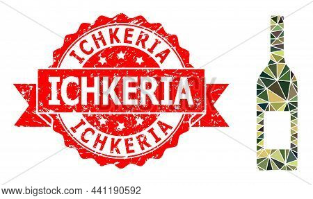 Lowpoly Polygonal Wine Bottle Military Camouflage Icon Illustration, And Ichkeria Rubber Stamp. Red 