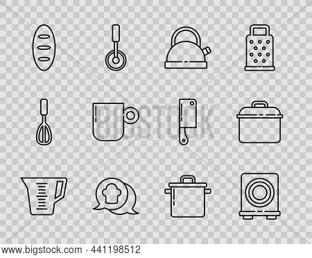 Set Line Measuring Cup, Electric Stove, Kettle With Handle, Chef Hat Speech Bubble, Bread Loaf, Coff