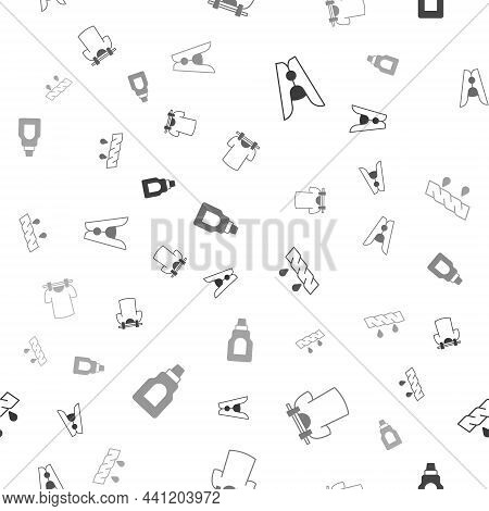 Set Clothes Pin, Drying Clothes, Squeeze And Bottle For Cleaning Agent On Seamless Pattern. Vector