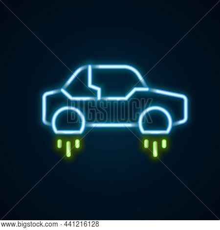 Glowing Neon Line Fantastic Flying Car Icon Isolated On Black Background. Hover Car Future Technolog
