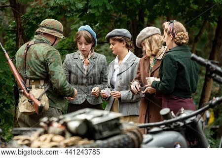 Hel, Pomerania, Poland- August 27, 2021: Historical Reconstruction.  Second World War. France, Germa