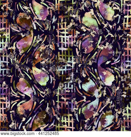 Exotic Multicoloured Boho Stripe Line Print. Seamless Autumnal Dark Ground Detailed Repeat Pattern. 