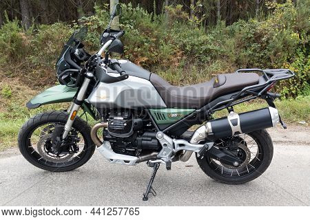 Bordeaux , Aquitaine France - 11 21 2021 : Moto Guzzi V85 Tt Motorcycle Trail Limited Edition Italia