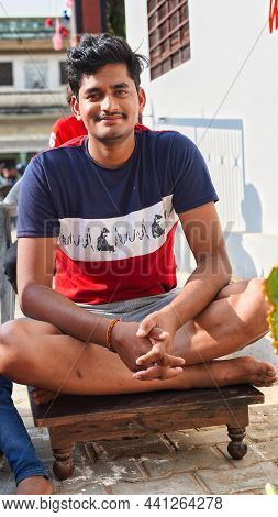 21 November 2021 Reengus, Rajasthan, India. Portrait Shot Of Indian Groom Or Dulha. Winter Season An