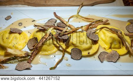 Italian Food, Fresh Home Made Red Potato Stuffed Pasta Tortellacci Or Ravioli Dumplings With Summer
