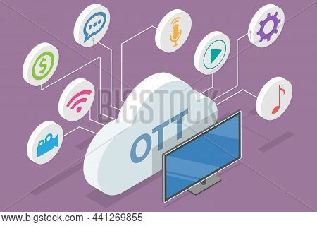 3d Isometric Flat Vector Conceptual Illustration Of Ott Platform, Online Entertainment Media Content