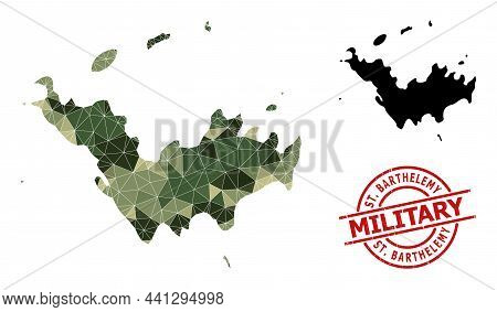 Low-poly Mosaic Map Of Saint Barthelemy, And Textured Military Stamp. Low-poly Map Of Saint Barthele