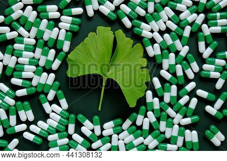 Ginkgo Biloba Pills.green Ginkgo Biloba Leaf And White Green Capsules With Ginkgo Biloba Extract On 