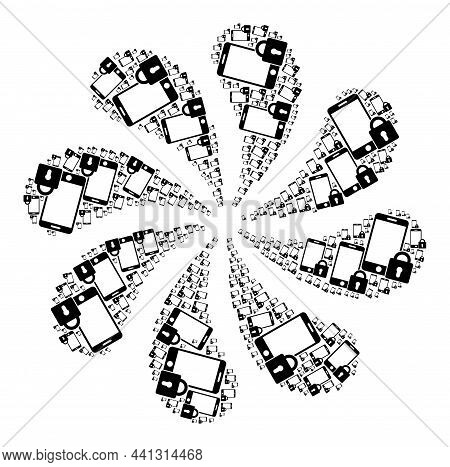 Locked Smartphone Icon Rotation Twist Petals Fireworks Composition. Rotation Curl Designed Using Ran