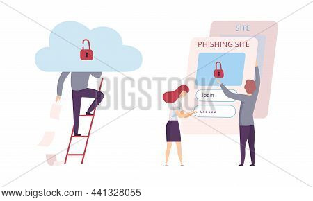 Hacker Stealing Personal Data From Phishing Site Vector Set
