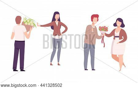 Man Giving Bouquet Of Flowers To Woman Making Gallant Gesture Vector Set