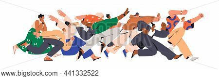 Crowd Of Happy People Running Fast. Group Of Excited Men And Women Buyers Hurrying And Hunting For S