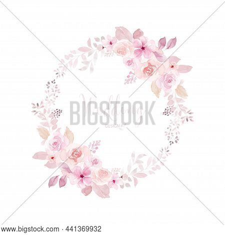 Watercolor Wreath Of Light Pink Flower And Leaves. Watercolor Hand-painted With Monochrome Floral Ro