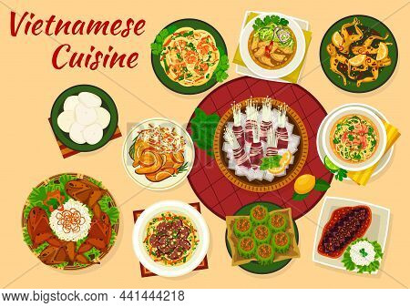 Vietnamese Cuisine Asian Dishes With Vector Meat, Vegetables And Fish Food. Soup Pho With Shrimp And
