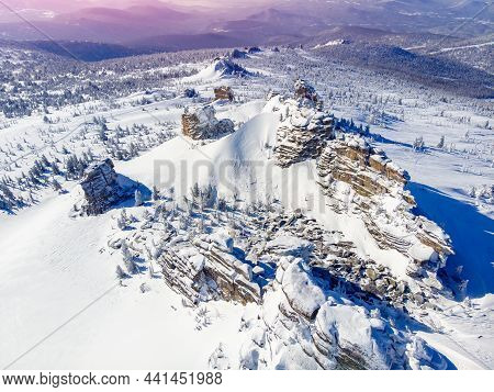 Landscape Winter Forest On Mountain Mustag Kemerovo Region Russia