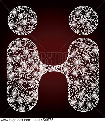 Glowing Wire Frame Siam Twins People With Lightspots On A Dark Red Gradient Background. Vector Frame