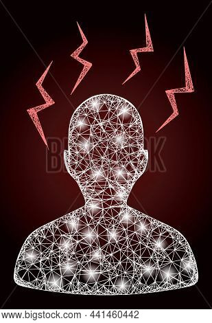 Illuminated Network Head Migrain Strikes With Light Spots On A Dark Red Gradiented Background. Vecto