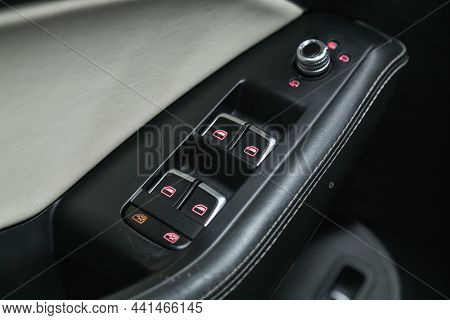 Novosibirsk, Russia - November 18, 2021:  Audi Q5, Car Door Interior Armrest With Window Control Pan