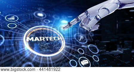 Martech Marketing Technology Automation Concept On Virtual Screen. 3d Render Robot Pressing Button