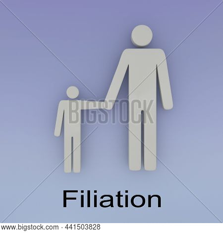 3d Illustration Of Father And Son With Filiation Script, Isolated On Blue Background.