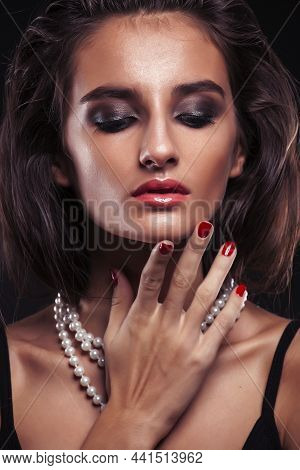 Beauty Young Sencual Woman With Jewellery Close Up, Luxury Portrait Of Rich Real Girl, Party Makeup