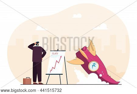 Businessman Standing By Crash Rocket Debris, Poor Startup Launch. Unsuccessful Plan, Business Strate