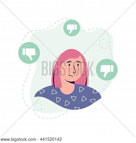 Sad Young Woman Surrounded By Hands With Thumbs Down. Sad Female Character Avatar. Guilt, Shame And 