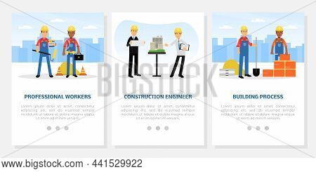 Construction Engineer And Civil Building With Man Builder Character In Yellow Hard Hat At Constructi
