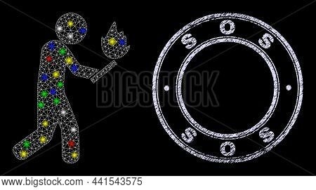 Glossy Polygonal Mesh Web Fire Arsonist Icon With Glitter Effect On A Black Background, And Sos Scra