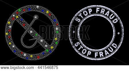 Glossy Polygonal Mesh Web Forbidden Fishing Hook Icon With Glare Effect On A Black Background With S