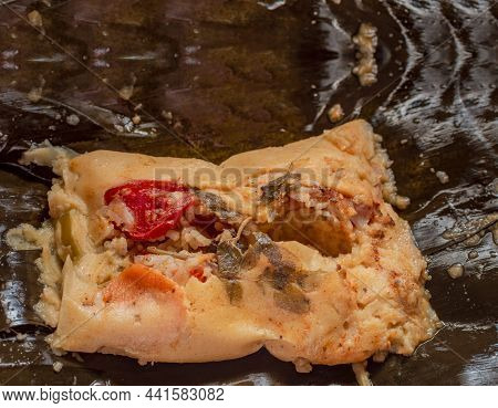 Nacatamal Served In Banana Leaf, Close Up Of Nicaraguan Nacatamal, Typical Nicaraguan Food El Nacata