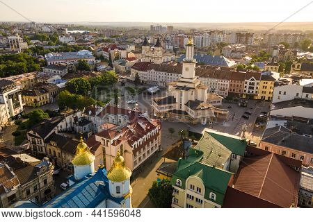Aerial View Of Historic Center Of Ivano-frankivsk City With Old European Architecture.