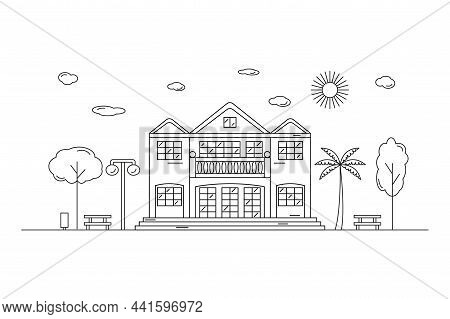 Landscape With Residential Building Drawn By Contour Lines On A White Background. Editable Stroke. V