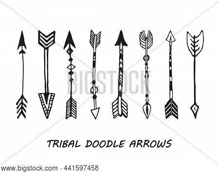 Tribal Arrows Set, Hand Drawn Background. Sketchy Pattern, Arrow Icons Collection On White. Hipster 