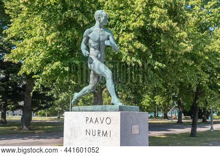 Helsinki, Finland - August 5, 2021: Monument Of Legendary Finn Runner Paavo Johannes Nurmi.