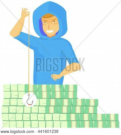 Cartoon Thief Sitting Near Big Money Stack. Man Stealing Carefully, Bandit Attacks Money. Funny Burg
