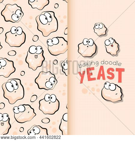 Yeast Seamless Pattern In Cartoon Style. Funny Yeast Baking Doodle Illustration. Cute Bakery Pattern