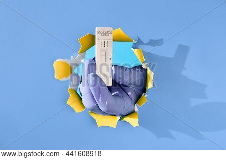 Fast Covid Test In Hand In Glove Through Paper Hole. Hand Holding Quick Antibody Detection Test.