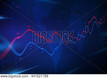 Financial Data Analytics Graph. Business Forecast, Graphs On World Map. Vector Infographics With Sto