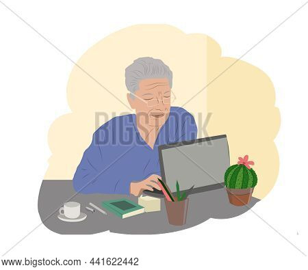 Happy Grandfather Is Studying On A Laptop