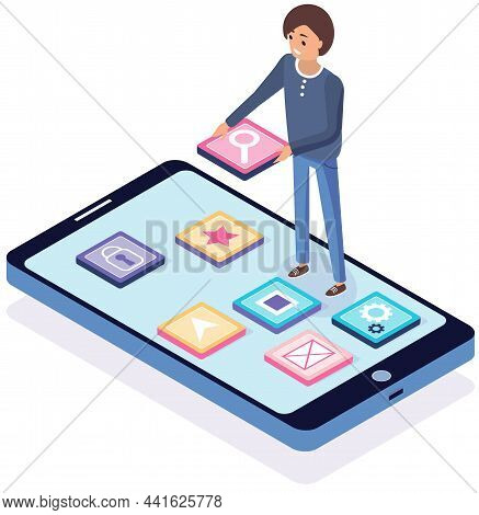 Development Of Mobile Application, Program For Smartphone. Man Standing Near Phone And Working With 
