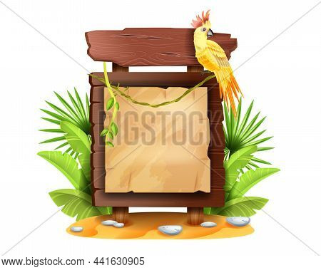 Jungle Wooden Sign Board, Vector Tropical Forest Game Menu Panel Frame, Exotic Leaf, Parrot Liana. O